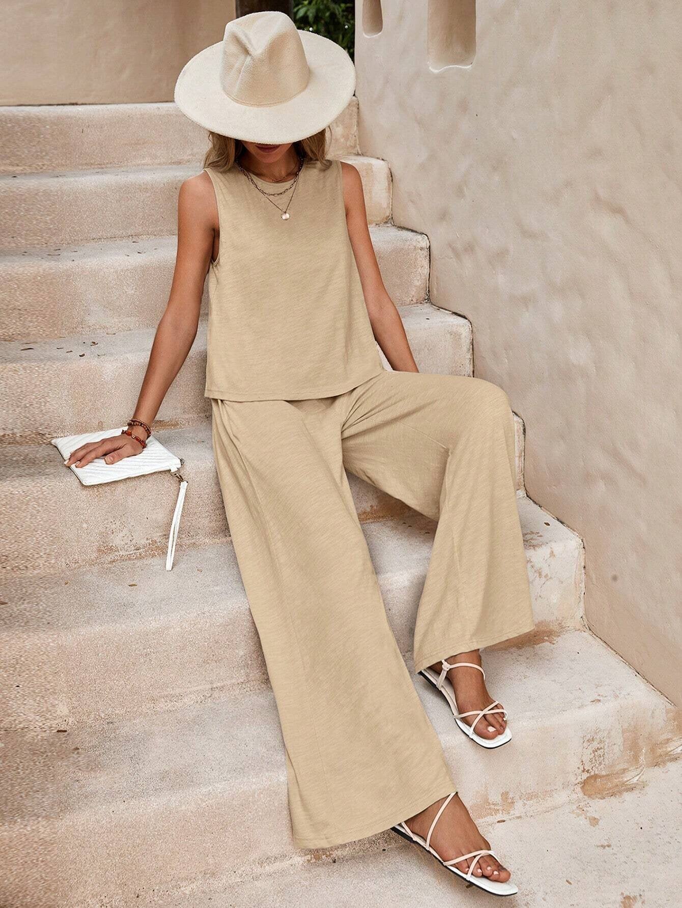 Elegant Summer 2-Piece Set - Sleeveless Top & Wide Leg Pants | Altivelle